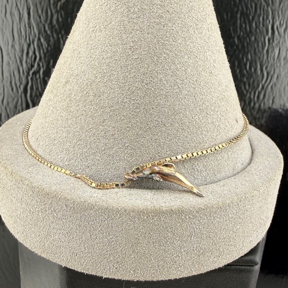 Vintage Sterling Silver Ankle Bracelet Dolphin Charm Box Chain 9”
